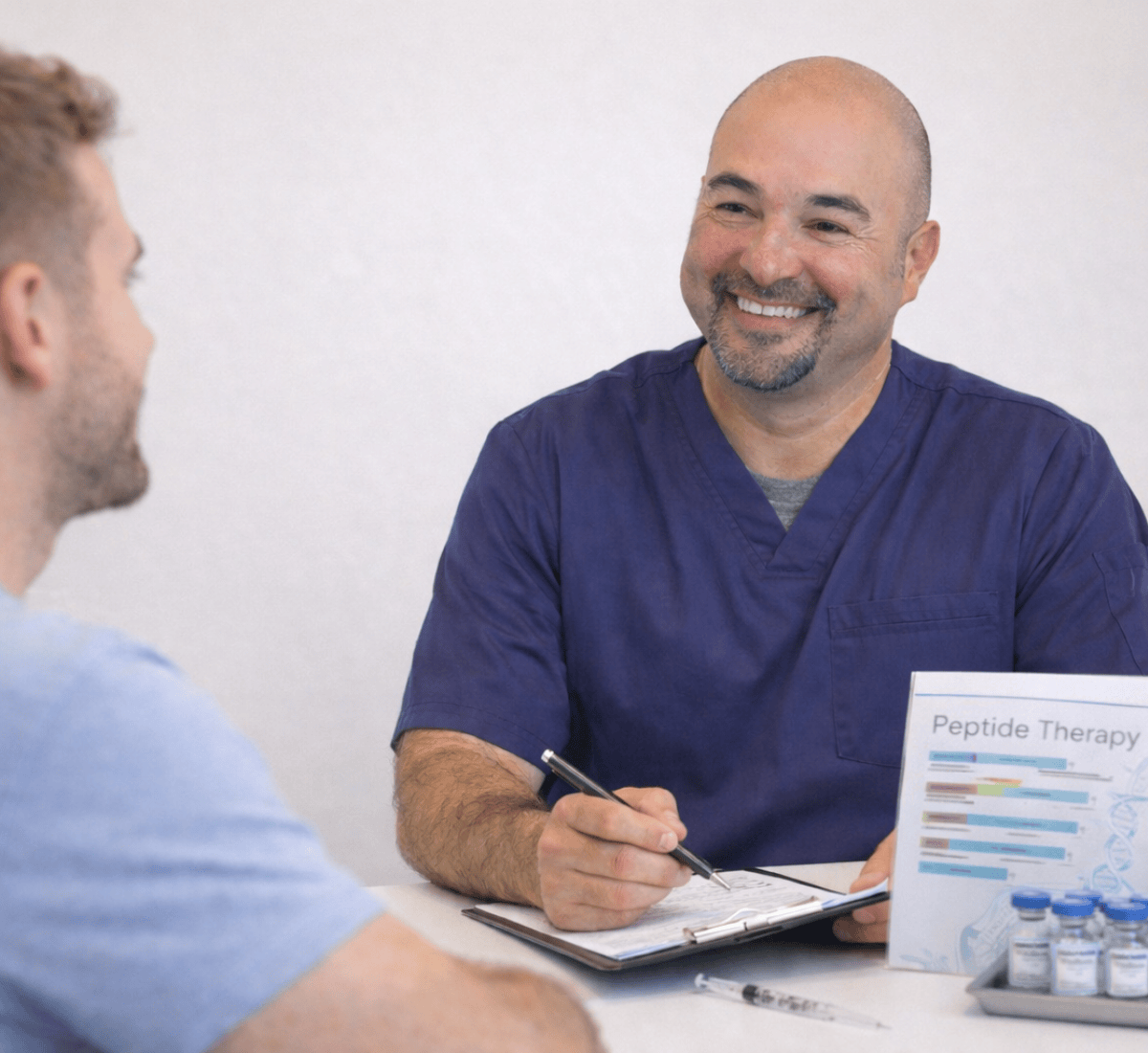 A SCULPT wellness team member sits at a desk and holding a pen and notepad. He smiles at a male patient as he explains the benefits of peptide therapy in Dallas.