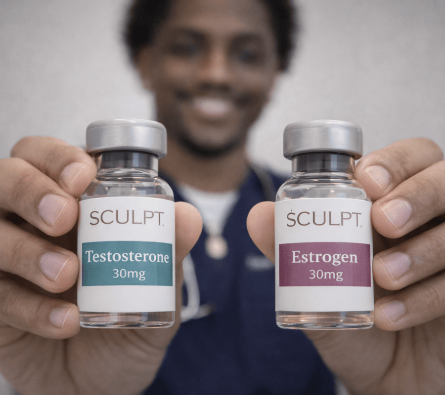 A SCULPT wellness team member holds vials of testosterone and estrogen up close to the camera. These hormones play important roles in bioidentical hormone replacement therapy in Dallas.
