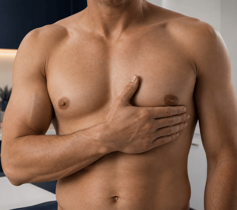 Dr. Beck evaluates a male patient seeking gynecomastia revision surgery after a previous procedure performed elsewhere.